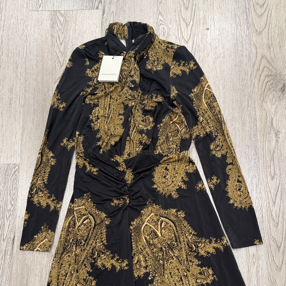 AllSaints Black Maxi Dress with Gold Paisley Print - Picture 5 of 6